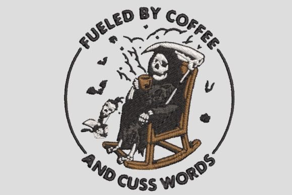 Death Skeleton Fueled by Coffee Embroidery